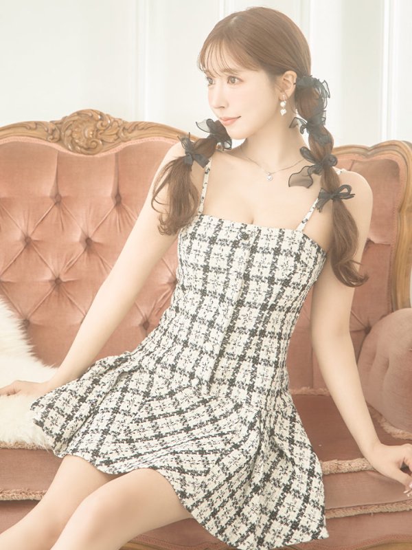 画像3: XSサイズあり【ROBE de FLEURS/ローブドフルール】ツイード/ チェック/ キャミソール/ ワンピース/ フレア/ ミニドレス/ キャバドレス[OF08] (3)