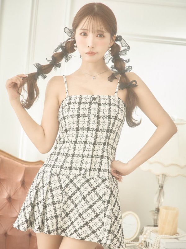 画像4: XSサイズあり【ROBE de FLEURS/ローブドフルール】ツイード/ チェック/ キャミソール/ ワンピース/ フレア/ ミニドレス/ キャバドレス[OF08] (4)