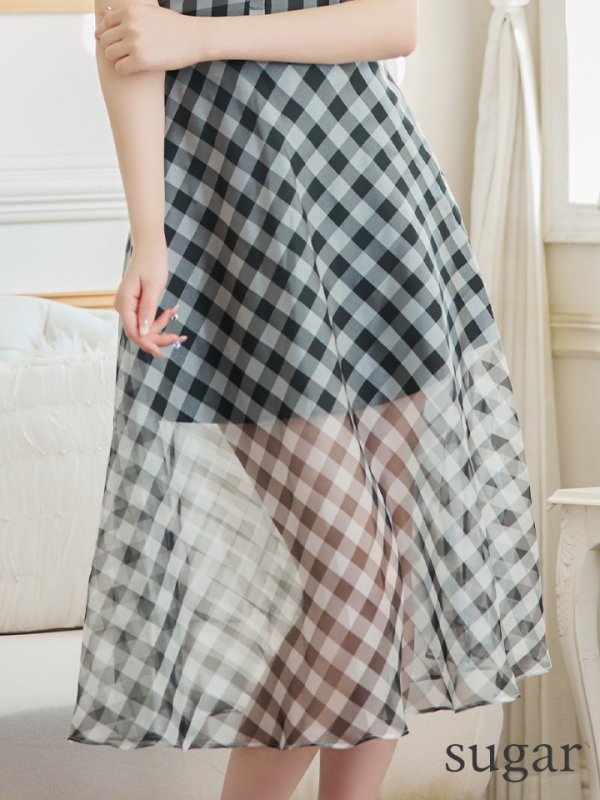 画像12: 【ROBE de FLEURS/ローブドフルール】オーガンジー/ チェック/ ノースリーブ/ Aライン/ フレア/ セットアップ/ ミディアムドレス/ キャバドレス[OF08] (12)