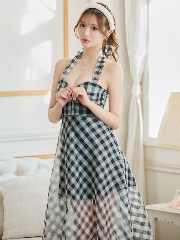 画像2: 【ROBE de FLEURS/ローブドフルール】オーガンジー/ チェック/ ノースリーブ/ Aライン/ フレア/ セットアップ/ ミディアムドレス/ キャバドレス[OF08] (2)