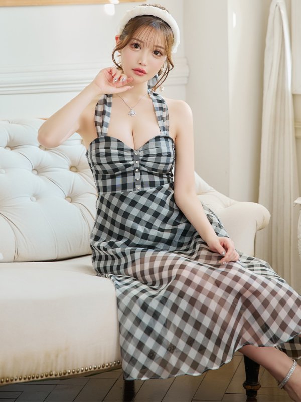 画像3: 【ROBE de FLEURS/ローブドフルール】オーガンジー/ チェック/ ノースリーブ/ Aライン/ フレア/ セットアップ/ ミディアムドレス/ キャバドレス[OF08] (3)