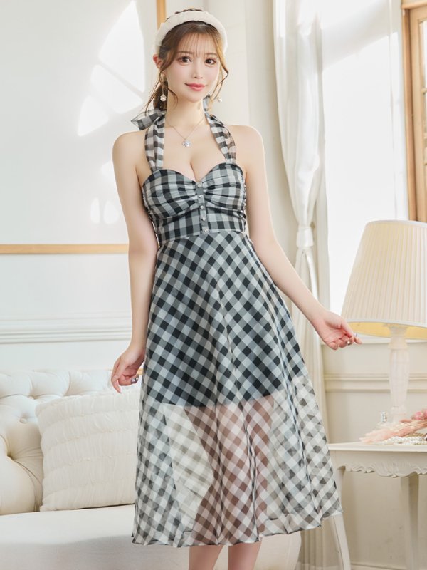 画像4: 【ROBE de FLEURS/ローブドフルール】オーガンジー/ チェック/ ノースリーブ/ Aライン/ フレア/ セットアップ/ ミディアムドレス/ キャバドレス[OF08] (4)