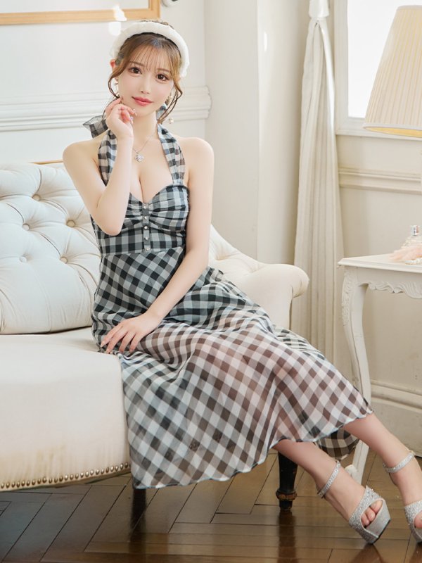 画像5: 【ROBE de FLEURS/ローブドフルール】オーガンジー/ チェック/ ノースリーブ/ Aライン/ フレア/ セットアップ/ ミディアムドレス/ キャバドレス[OF08] (5)