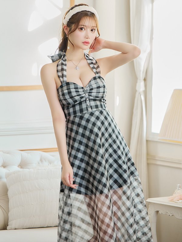 画像6: 【ROBE de FLEURS/ローブドフルール】オーガンジー/ チェック/ ノースリーブ/ Aライン/ フレア/ セットアップ/ ミディアムドレス/ キャバドレス[OF08] (6)