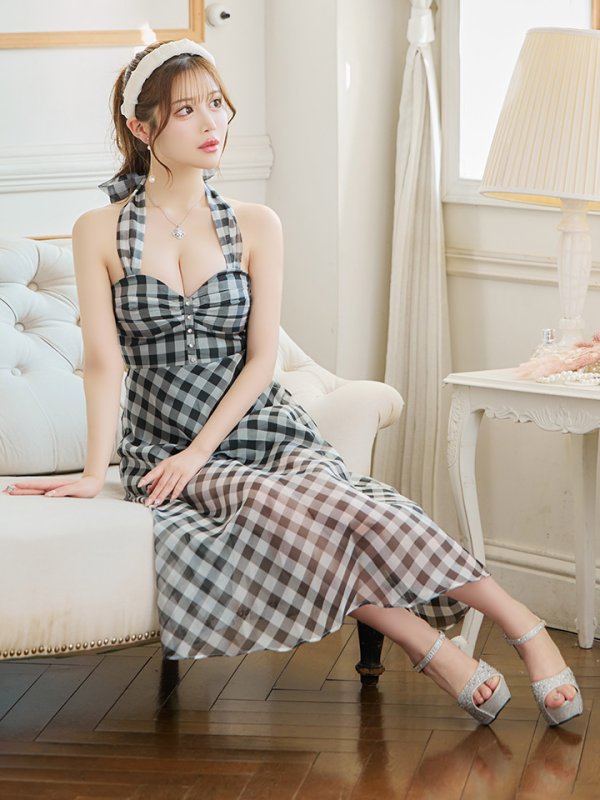 画像7: 【ROBE de FLEURS/ローブドフルール】オーガンジー/ チェック/ ノースリーブ/ Aライン/ フレア/ セットアップ/ ミディアムドレス/ キャバドレス[OF08] (7)