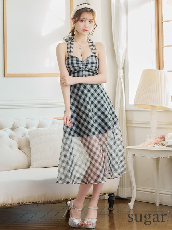 画像8: 【ROBE de FLEURS/ローブドフルール】オーガンジー/ チェック/ ノースリーブ/ Aライン/ フレア/ セットアップ/ ミディアムドレス/ キャバドレス[OF08] (8)