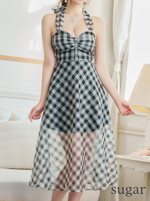 画像9: 【ROBE de FLEURS/ローブドフルール】オーガンジー/ チェック/ ノースリーブ/ Aライン/ フレア/ セットアップ/ ミディアムドレス/ キャバドレス[OF08] (9)