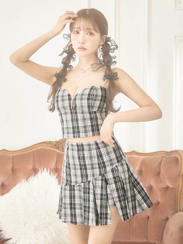 画像5: XSサイズあり【ROBE de FLEURS/ローブドフルール】セットアップ/ ツイード/ チェック/ キャミソール/ フロントジップ/ フレア/ ミニドレス/ キャバドレス[OF08] (5)