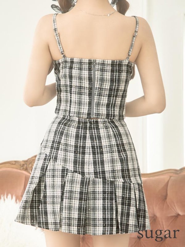 画像9: XSサイズあり【ROBE de FLEURS/ローブドフルール】セットアップ/ ツイード/ チェック/ キャミソール/ フロントジップ/ フレア/ ミニドレス/ キャバドレス[OF08] (9)