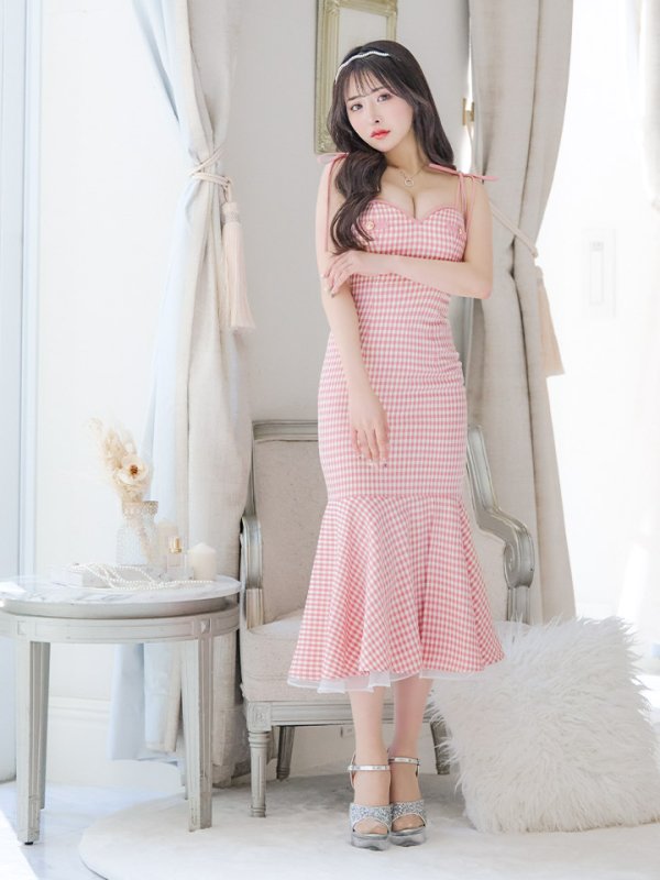 画像13: 【ROBE de FLEURS/ローブドフルール】ショルダーリボン/ ギンガムチェック/ マーメイド/ ミディアムドレス/ キャバドレス[OF08] (13)