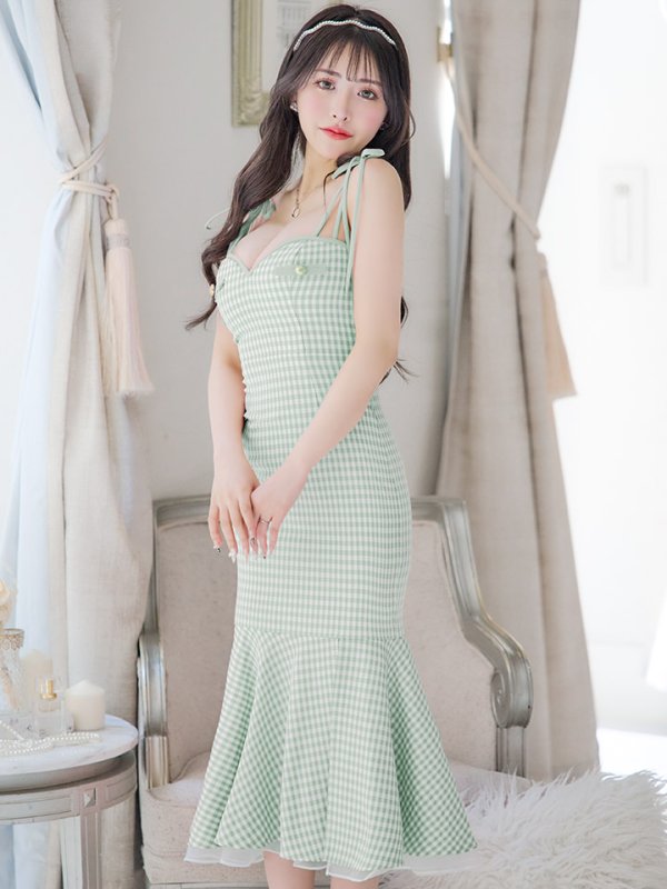 画像3: 【ROBE de FLEURS/ローブドフルール】ショルダーリボン/ ギンガムチェック/ マーメイド/ ミディアムドレス/ キャバドレス[OF08] (3)