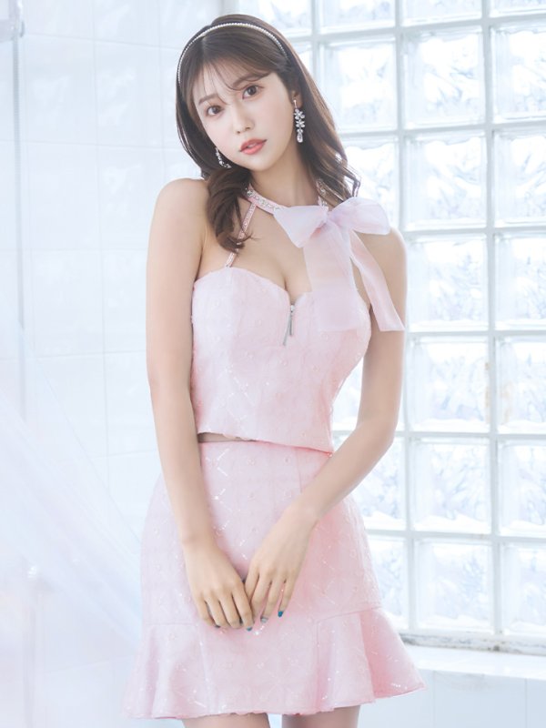 画像2: XSサイズあり【ROBE de FLEURS/ローブドフルール】オーガンジー/ リボンチョーカー/ アイドル/ セットアップ/ ミニドレス/ キャバドレス[OF08] (2)