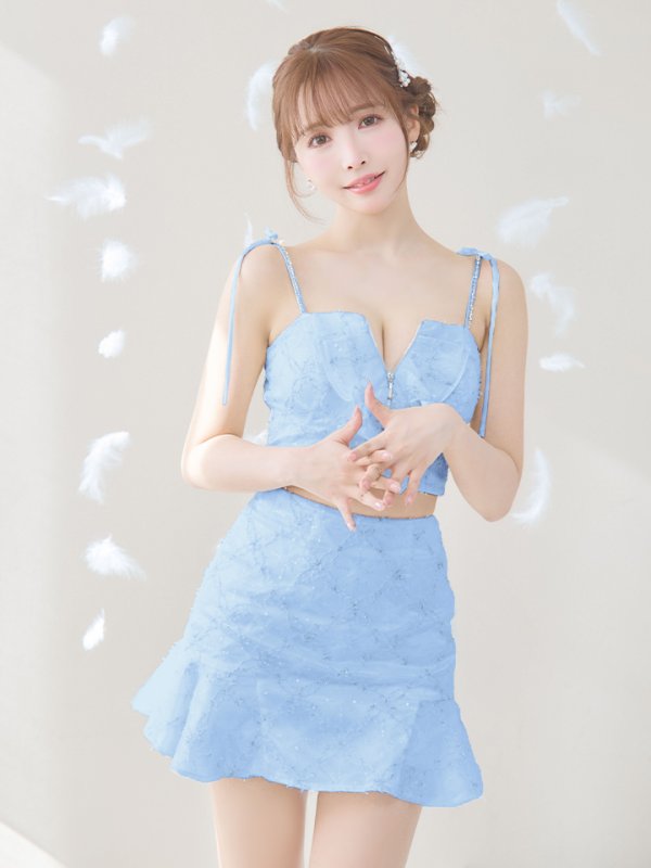 画像2: XSサイズあり【ROBE de FLEURS/ローブドフルール】フラワーチュール/ バストフリル/ セットアップ/ フレア/ ミニドレス/ キャバドレス[OF08] (2)