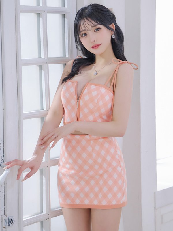 画像2: XSサイズあり【ROBE de FLEURS/ローブドフルール】バストジッパー/ ショルダーリボン/ チェック/ セットアップ/ ストレッチ/ ミニドレス/ キャバドレス[OF08] (2)
