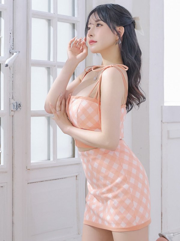 画像5: XSサイズあり【ROBE de FLEURS/ローブドフルール】バストジッパー/ ショルダーリボン/ チェック/ セットアップ/ ストレッチ/ ミニドレス/ キャバドレス[OF08] (5)