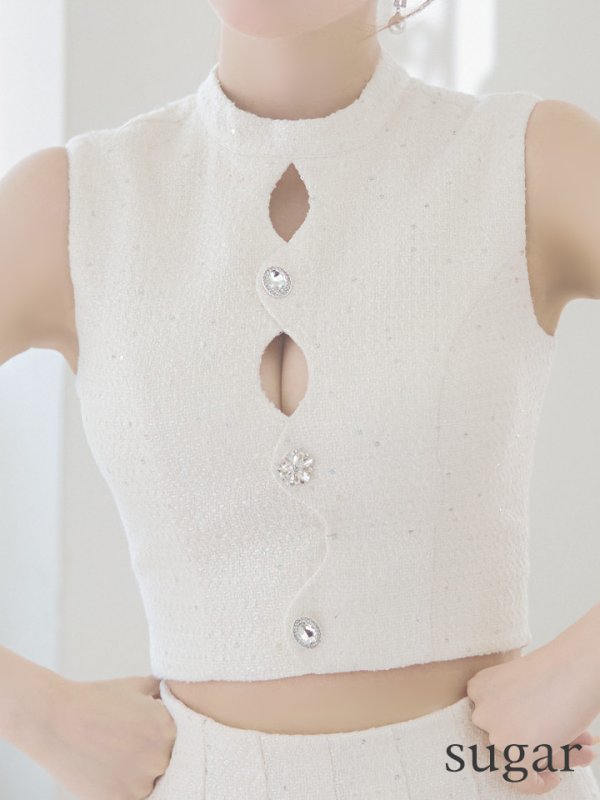 画像11: XSサイズあり【ROBE de FLEURS/ローブドフルール】ラメツイード/ ビジュー/ ボタン/ セットアップ/ ノースリーブ/ フレア/ ミニドレス/ キャバドレス[OF08] (11)