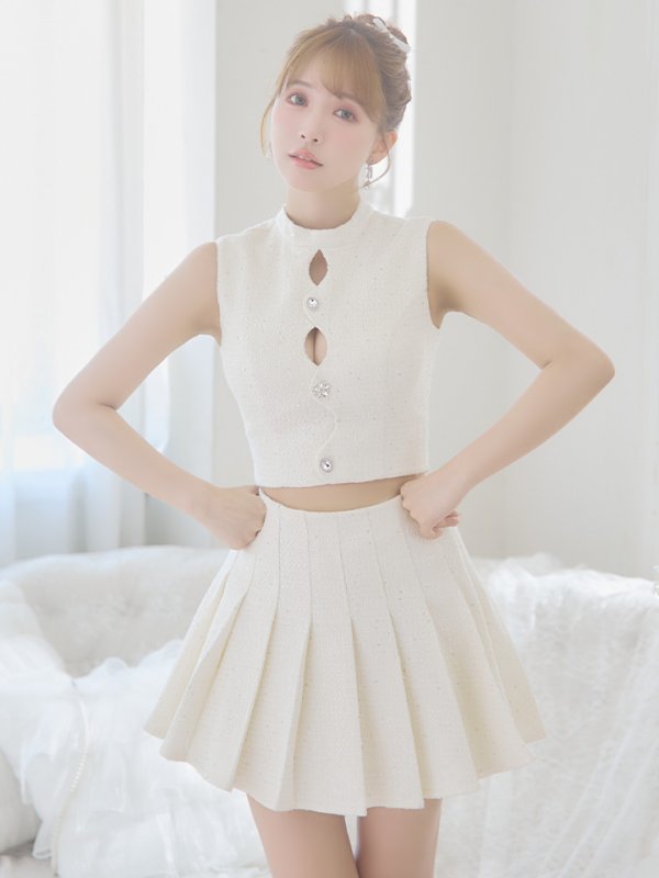 画像2: XSサイズあり【ROBE de FLEURS/ローブドフルール】ラメツイード/ ビジュー/ ボタン/ セットアップ/ ノースリーブ/ フレア/ ミニドレス/ キャバドレス[OF08] (2)