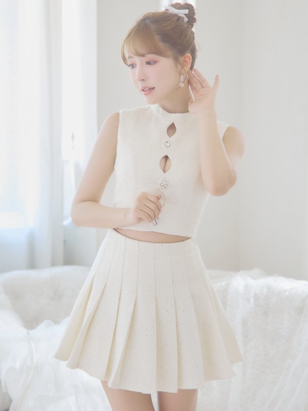 画像3: XSサイズあり【ROBE de FLEURS/ローブドフルール】ラメツイード/ ビジュー/ ボタン/ セットアップ/ ノースリーブ/ フレア/ ミニドレス/ キャバドレス[OF08] (3)