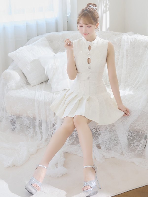 画像9: XSサイズあり【ROBE de FLEURS/ローブドフルール】ラメツイード/ ビジュー/ ボタン/ セットアップ/ ノースリーブ/ フレア/ ミニドレス/ キャバドレス[OF08] (9)