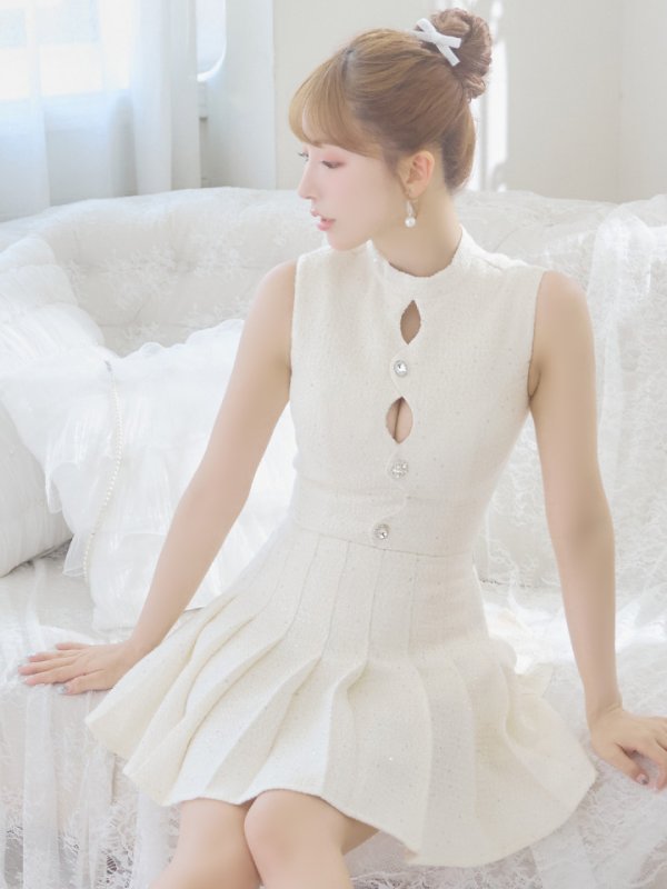 画像6: XSサイズあり【ROBE de FLEURS/ローブドフルール】ラメツイード/ ビジュー/ ボタン/ セットアップ/ ノースリーブ/ フレア/ ミニドレス/ キャバドレス[OF08] (6)