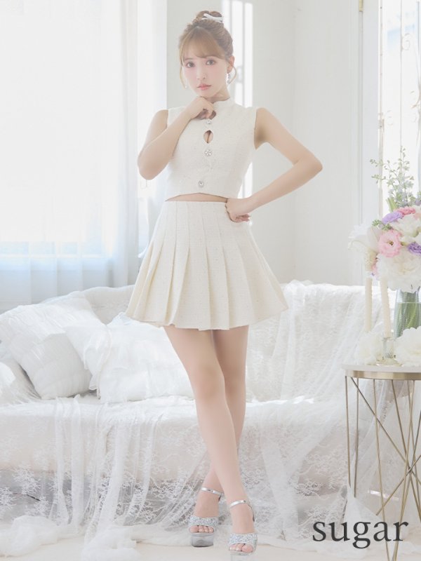 画像10: XSサイズあり【ROBE de FLEURS/ローブドフルール】ラメツイード/ ビジュー/ ボタン/ セットアップ/ ノースリーブ/ フレア/ ミニドレス/ キャバドレス[OF08] (10)