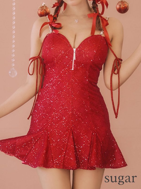 画像9: XSサイズあり【ROBE de FLEURS/ローブドフルール】リボン/ ラメニット/ バストジッパー/ フレア/ ドリーミー/ ミニドレス/ キャバドレス[OF2] (9)