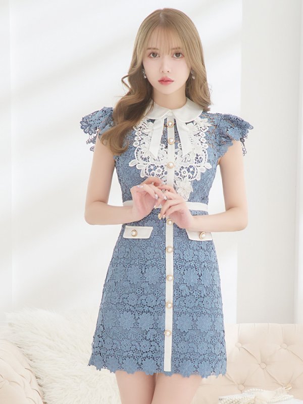 画像21: XSサイズあり【ROBE de FLEURS/ローブドフルール】襟付きリボン/ フラワーレース/ タイト/ ショートスリーブ/ ミニドレス/ キャバドレス[OF08] (21)