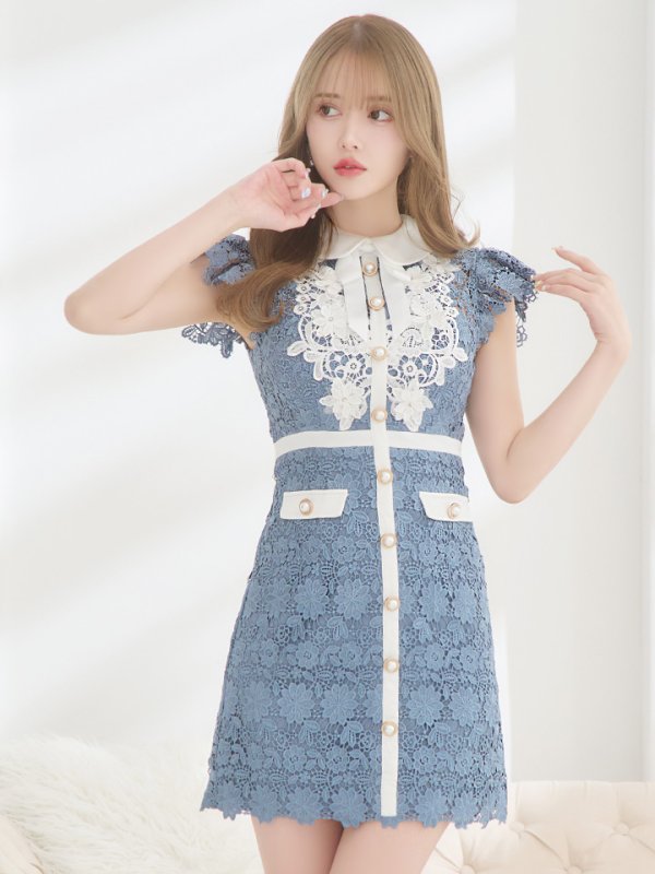 画像23: XSサイズあり【ROBE de FLEURS/ローブドフルール】襟付きリボン/ フラワーレース/ タイト/ ショートスリーブ/ ミニドレス/ キャバドレス[OF08] (23)