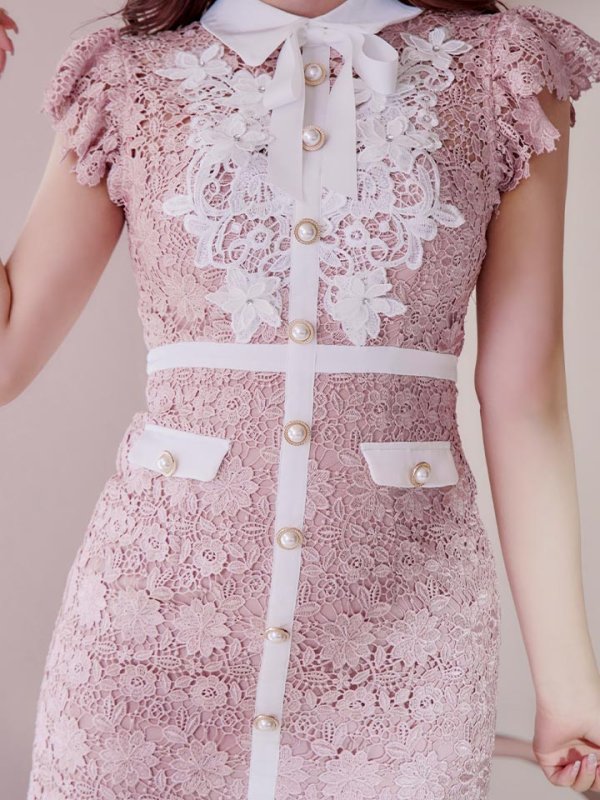 画像10: XSサイズあり【ROBE de FLEURS/ローブドフルール】襟付きリボン/ フラワーレース/ タイト/ ショートスリーブ/ ミニドレス/ キャバドレス[OF08] (10)