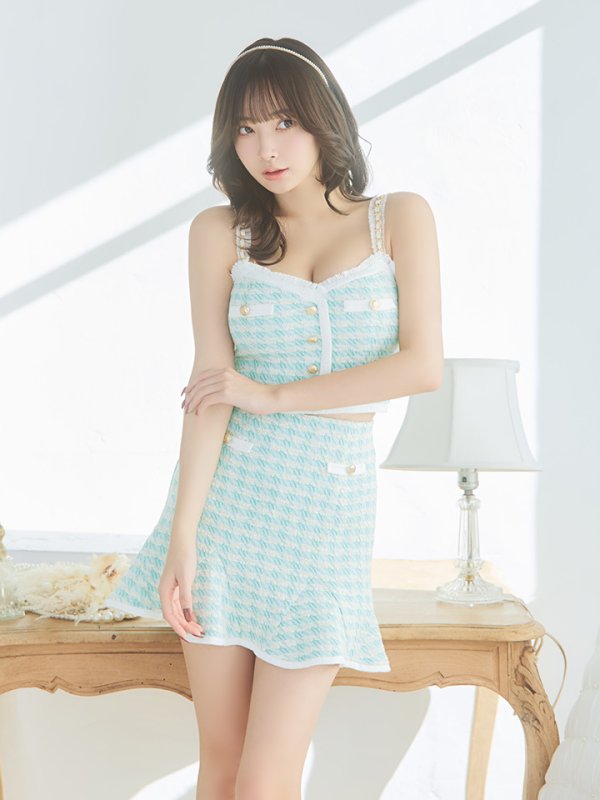 画像4: XSサイズあり【ROBE de FLEURS/ローブドフルール】ニットツイード/ ショルダーチェーン/ ボタン/ マーメイド/ フレア/ セットアップ/ ミニドレス/ キャバドレス[OF08] (4)