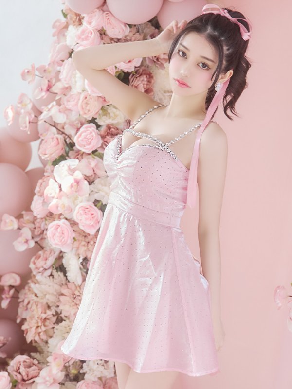 画像6: XSサイズあり【ROBE de FLEURS/ローブドフルール】ストーン/ サテン/ バストビジュー/ フレア/ キャミソール/ ミニドレス/ キャバドレス[OF08] (6)