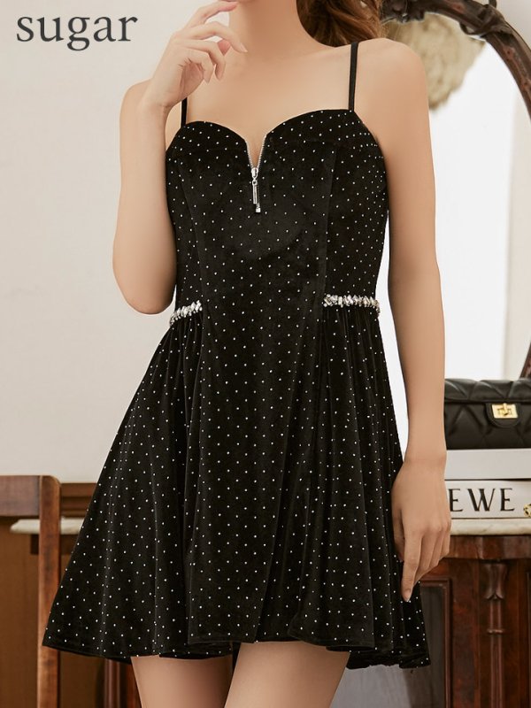 画像10: XSサイズあり【ROBE de FLEURS/ローブドフルール】ストーン付き/ ベロア/ ウエストビジュー/ キャミソール/ フレア/ ミニドレス/ キャバドレス[OF08] (10)