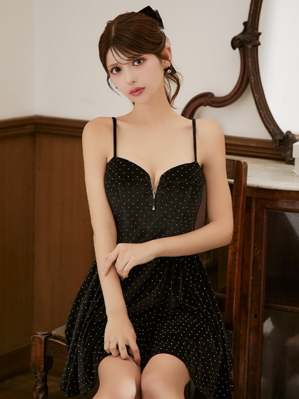 画像7: XSサイズあり【ROBE de FLEURS/ローブドフルール】ストーン付き/ ベロア/ ウエストビジュー/ キャミソール/ フレア/ ミニドレス/ キャバドレス[OF08] (7)