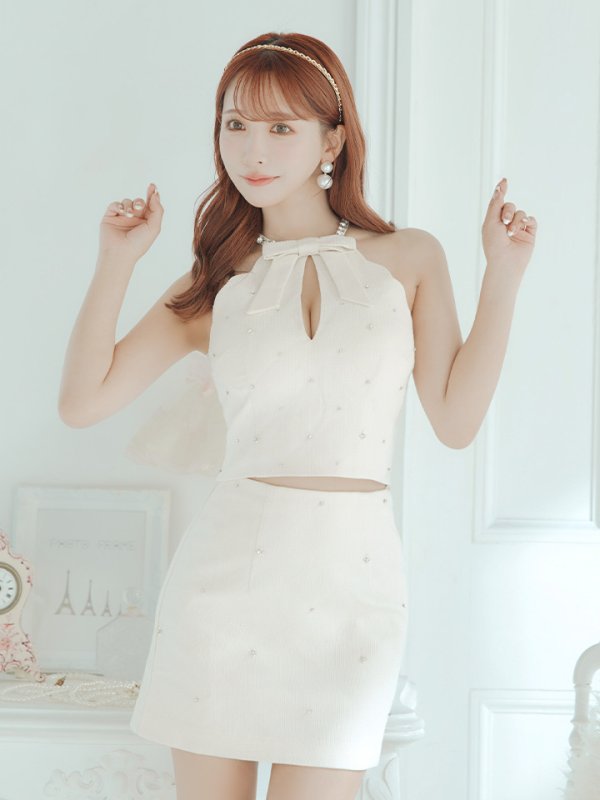 画像13: XSサイズあり【ROBE de FLEURS/ローブドフルール】セットアップ/ ホルターネック/ ビジュー/ バストカット/ リボン/ タイト/ ミニドレス/ キャバドレス[OF08] (13)