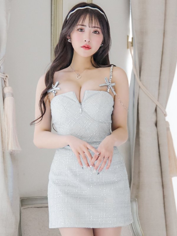 画像21: XSサイズあり【ROBE de FLEURS/ローブドフルール】スパンコール/ 刺繍レース/ フロントジップ/ キャミソール/ ショルダービジュー/ 台形スカート/ セットアップ/ ミニドレス/ キャバドレス[OF08] (21)