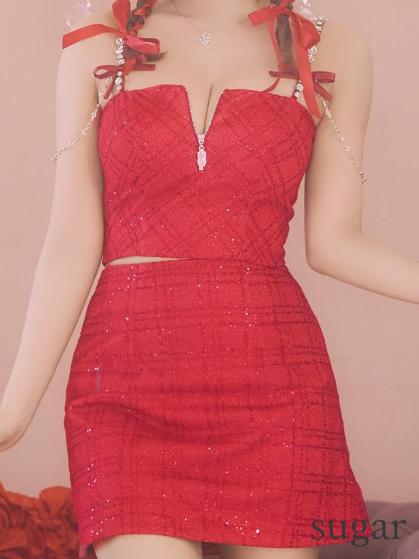 画像43: 【かずは/関西コレクション着用】XSサイズあり【ROBE de FLEURS/ローブドフルール】スパンコール/ 刺繍レース/ フロントジップ/ キャミソール/ ショルダービジュー/ 台形スカート/ セットアップ/ ミニドレス/ キャバドレス[OF08] (43)