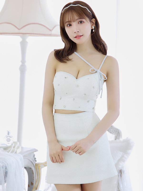 画像2: XSサイズあり【ROBE de FLEURS/ローブドフルール】ラメツイード/ アシメショルダー/ リボン/ ビジュー/ 台形スカート/ セットアップ/ ミニドレス/ キャバドレス[OF08] (2)