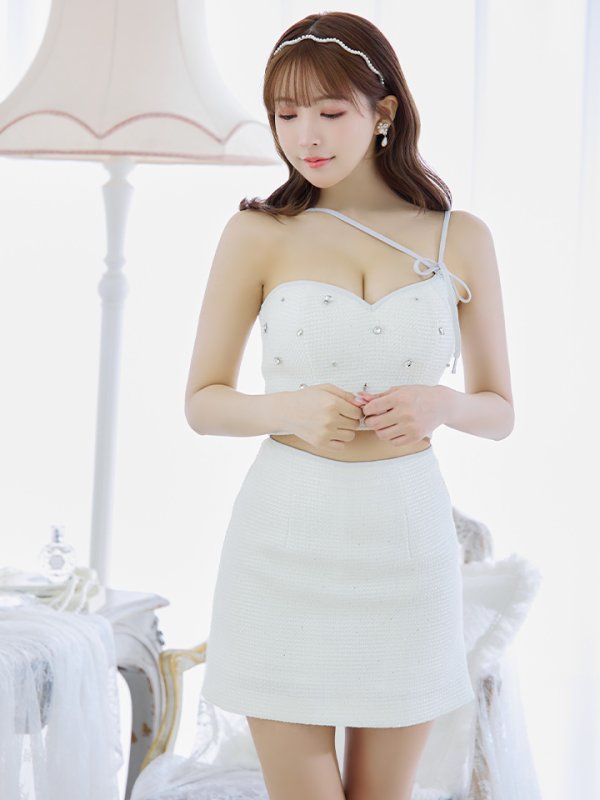 画像6: XSサイズあり【ROBE de FLEURS/ローブドフルール】ラメツイード/ アシメショルダー/ リボン/ ビジュー/ 台形スカート/ セットアップ/ ミニドレス/ キャバドレス[OF08] (6)