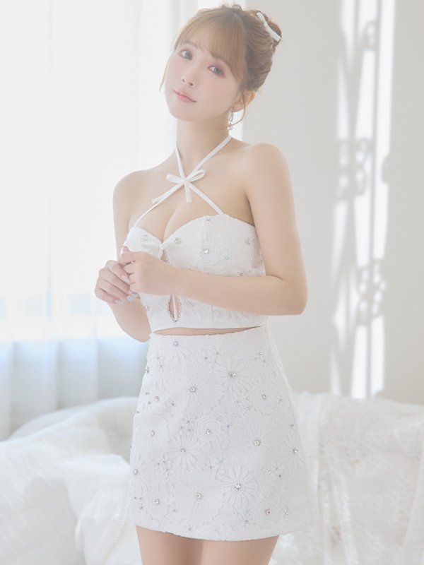 画像8: XSサイズあり【ROBE de FLEURS/ローブドフルール】トリプルリボン/ ホルターネック/ フラワーレース/ セットアップ/ フレア/ ミニドレス/ キャバドレス[OF08] (8)