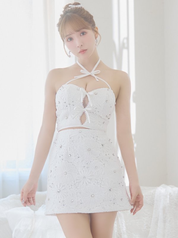 画像10: XSサイズあり【ROBE de FLEURS/ローブドフルール】トリプルリボン/ ホルターネック/ フラワーレース/ セットアップ/ フレア/ ミニドレス/ キャバドレス[OF08] (10)