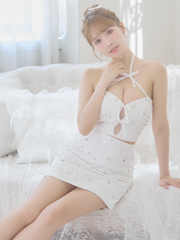 画像13: XSサイズあり【ROBE de FLEURS/ローブドフルール】トリプルリボン/ ホルターネック/ フラワーレース/ セットアップ/ フレア/ ミニドレス/ キャバドレス[OF08] (13)