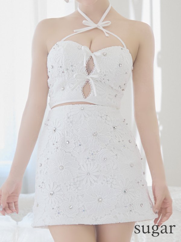 画像15: XSサイズあり【ROBE de FLEURS/ローブドフルール】トリプルリボン/ ホルターネック/ フラワーレース/ セットアップ/ フレア/ ミニドレス/ キャバドレス[OF08] (15)