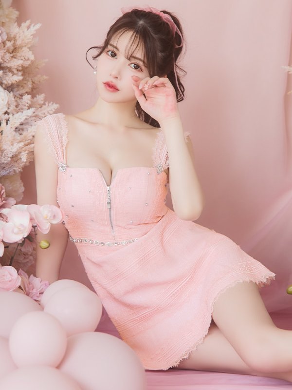 画像9: XSサイズあり【ROBE de FLEURS/ローブドフルール】肩レース/ ウエストビジュー/ スカラップレース/ フレア/ ノースリーブ/ ミニドレス/ キャバドレス[OF08] (9)