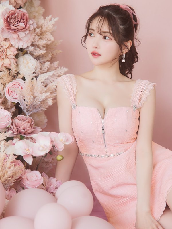 画像10: XSサイズあり【ROBE de FLEURS/ローブドフルール】肩レース/ ウエストビジュー/ スカラップレース/ フレア/ ノースリーブ/ ミニドレス/ キャバドレス[OF08] (10)