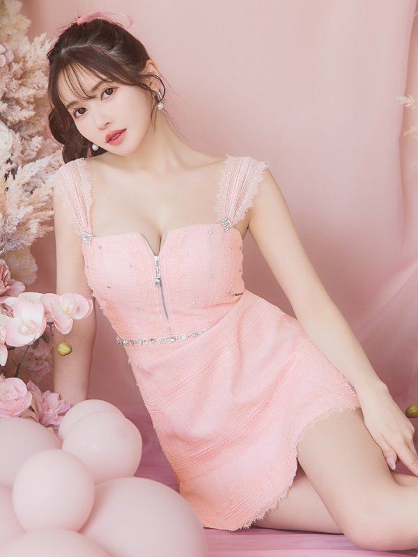 画像11: XSサイズあり【ROBE de FLEURS/ローブドフルール】肩レース/ ウエストビジュー/ スカラップレース/ フレア/ ノースリーブ/ ミニドレス/ キャバドレス[OF08] (11)