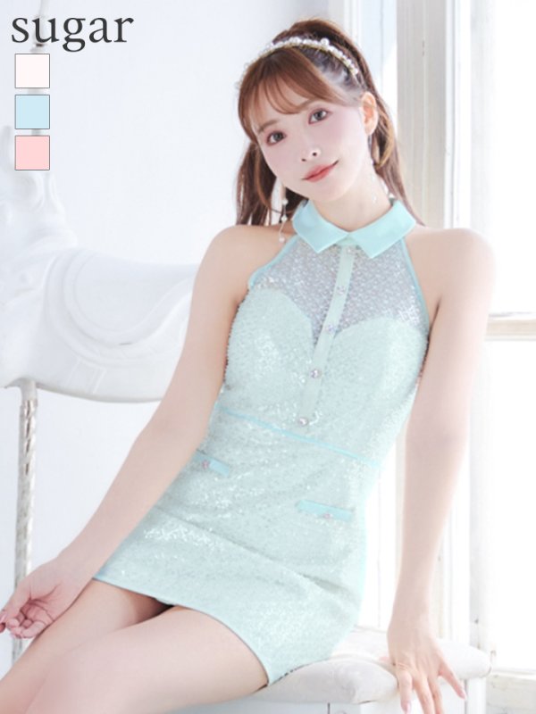 画像1: XSサイズあり【ROBE de FLEURS/ローブドフルール】襟付き/ ビーズ/ スパンコール/ ホルターネック/ ミニドレス/ キャバドレス[OF2] (1)