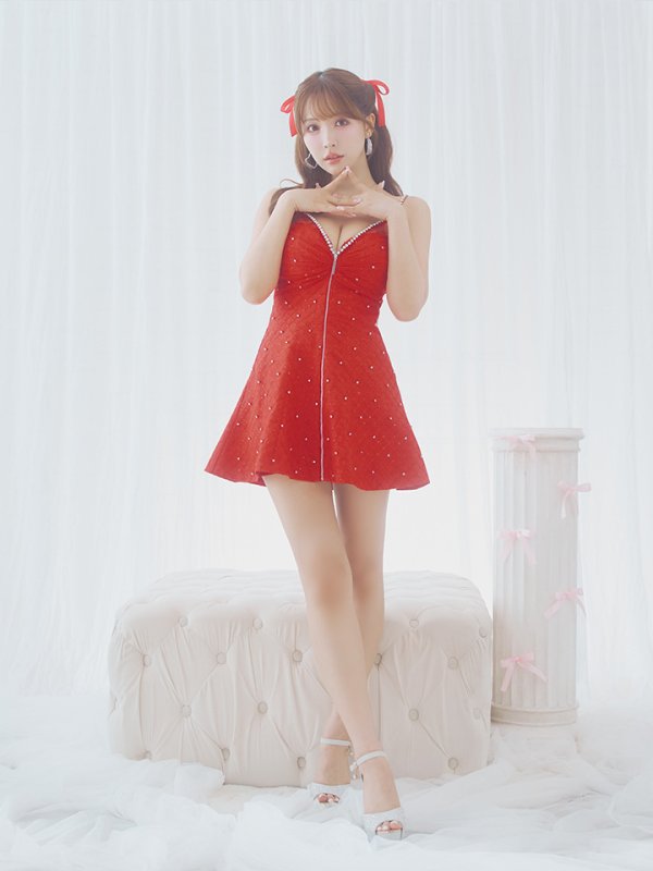 画像5: XSサイズあり【ROBE de FLEURS/ローブドフルール】ショルダービジュー/ 刺繍レース/ フロントジッパー/ フレア/ ミニドレス/ キャバドレス[OF08] (5)