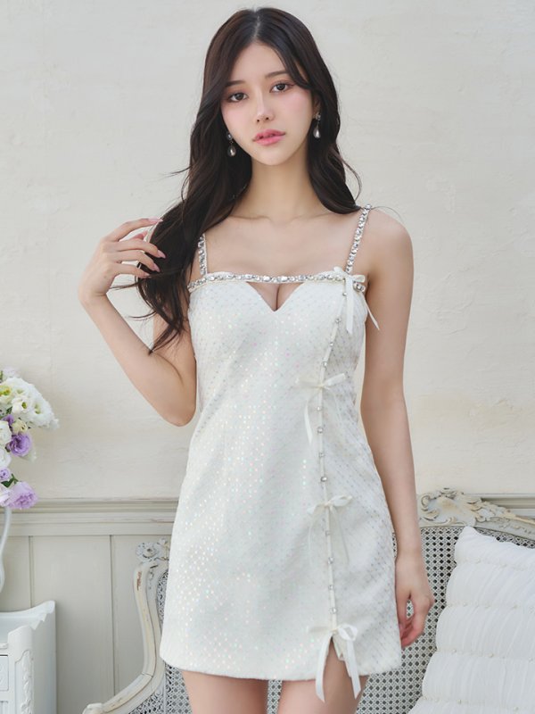 画像15: XSサイズあり【ROBE de FLEURS/ローブドフルール】ビジューライン/ リボン/ ラメ/ ガーリー/ タイト/ ミニドレス/ キャバドレス[OF08] (15)