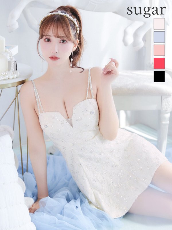 画像1: XSサイズあり【ROBE de FLEURS/ローブドフルール】バストカット/ ビジュー/ スパンコール/ サテン/ キャミソール/ フレア/ ミニドレス/ キャバドレス[OF2] (1)