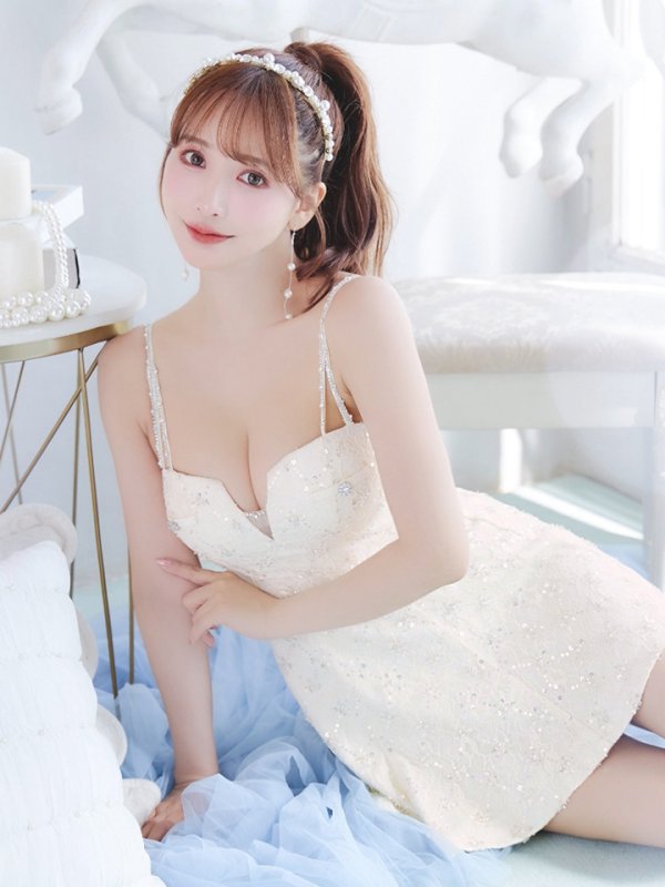 画像13: XSサイズあり【ROBE de FLEURS/ローブドフルール】バストカット/ ビジュー/ スパンコール/ サテン/ キャミソール/ フレア/ ミニドレス/ キャバドレス[OF08] (13)